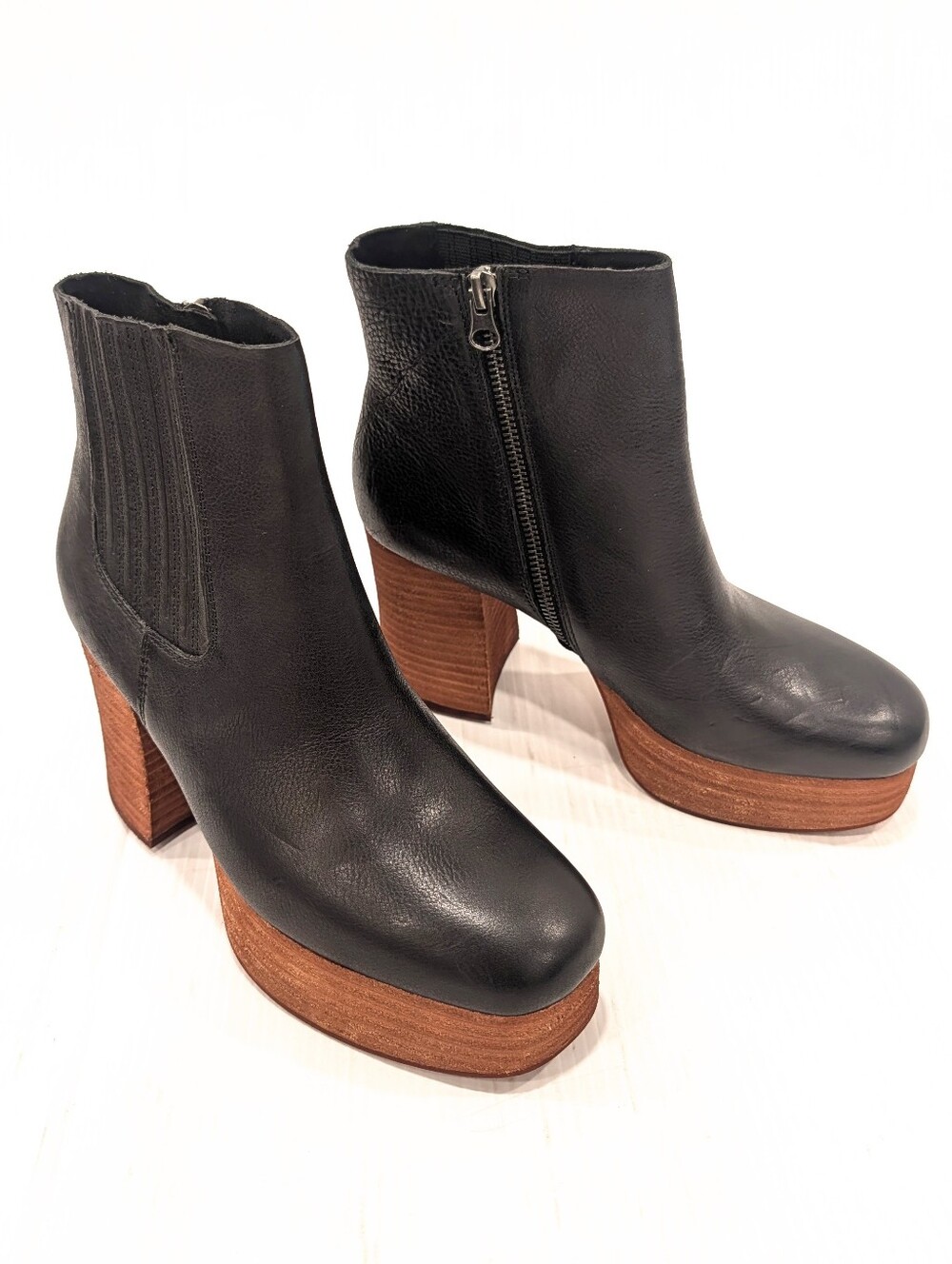 KORK EASE Women's Black Leather Platform Ankle Booties with Wood-Effect Heel